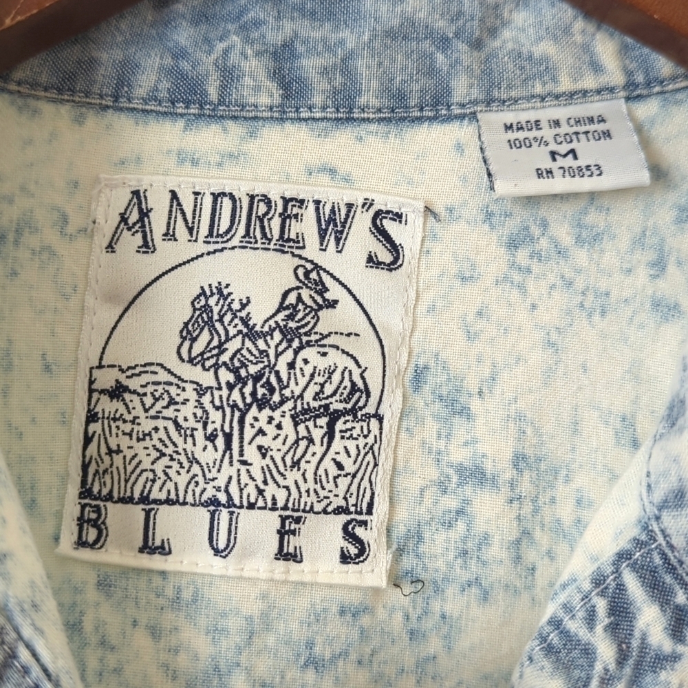 Andrew's Blues 90's Vintage Acid Wash Chambray Long Sleeve Button Down Shirt M - Picture 4 of 14
